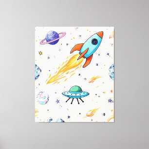 Toile Motif spatial Rocket et UFO Planètes, étoiles et