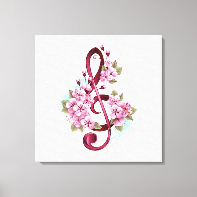 Toile Musical treble clef notes with sakura flowers (Recto)