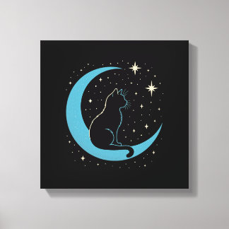 Toile Mystic Cat on Blue Moon Night Sky