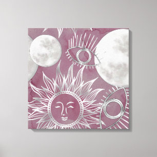 Toile Mystique solaire   Rose Argent Lune Étoiles Soleil