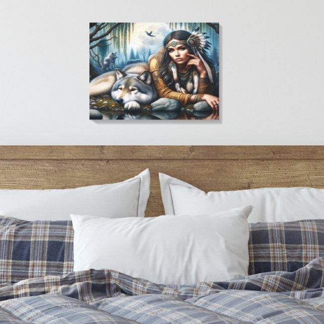 Toile Mystique Une Américaine Autochtone Avec Loups 24x1 (Créateur téléchargé)