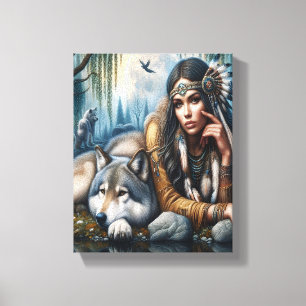 Toile Mystique Une Femme Amérindienne Avec Loups 10x8