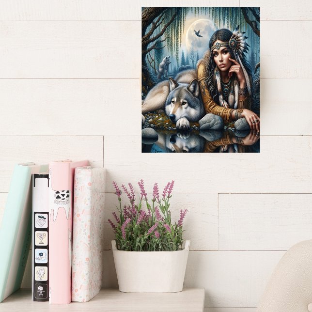 Toile Mystique Une Femme Amérindienne Avec Loups 12x16 (Créateur téléchargé)