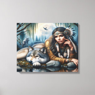 Toile Mystique Une Femme Amérindienne Avec Loups 20x16