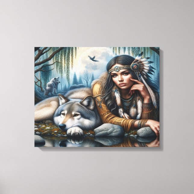 Toile Mystique Une Femme Amérindienne Avec Loups 20x16 (Recto)