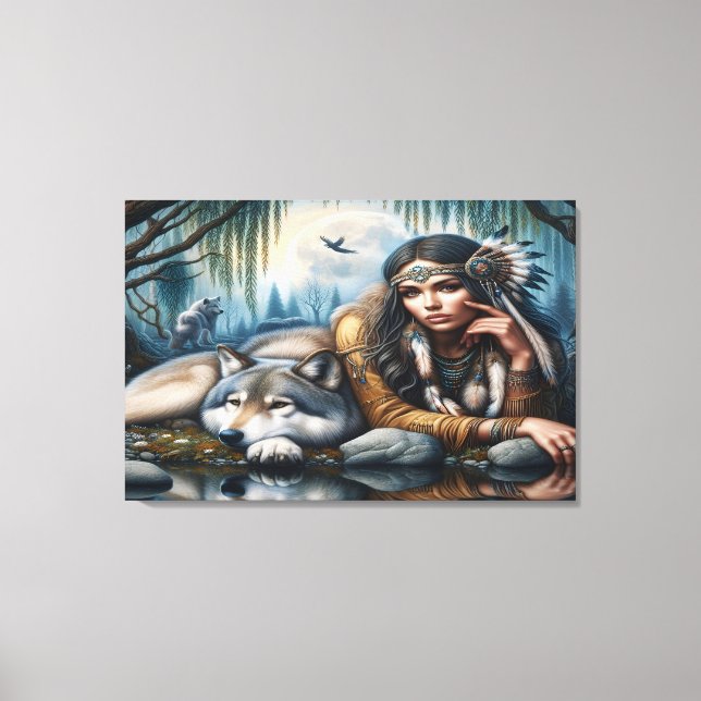 Toile Mystique Une Femme Amérindienne Avec Loups 36x24 (Recto)
