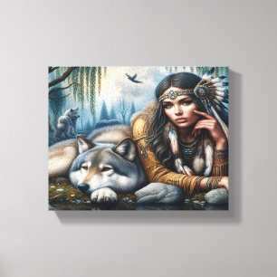 Toile Mystique Une Femme Amérindienne Avec Loups 8x10