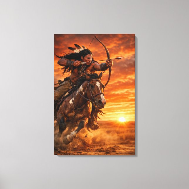 Toile Native American Warrior on Galloping Horse Sunset (Recto)
