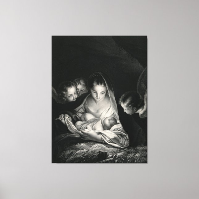 Toile Nativité Jésus Vierge Marie Anges Noir Blanc (Recto)