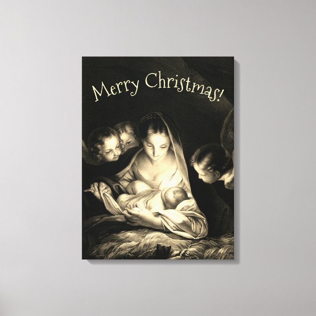 Toile Nativité Jésus Vierge Marie Anges Noir Blanc (Recto)