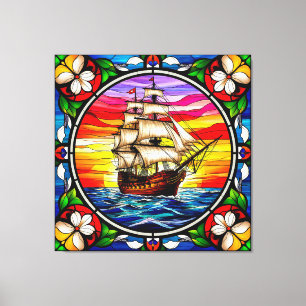 Toile Navire à voiles en haute mer au coucher du soleil