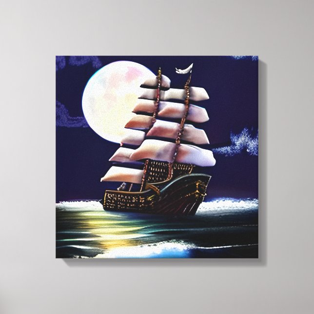 Toile Navire illuminé sur l'océan sous la lune (Recto)