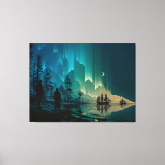 Toile Navires sous le croissant de lune et aurores boréa