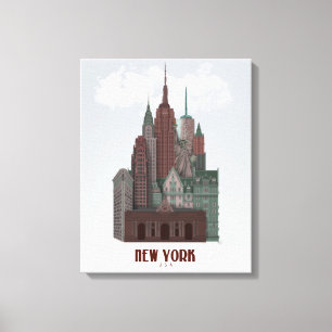 Toile New York en nuages - rouge foncé et verts