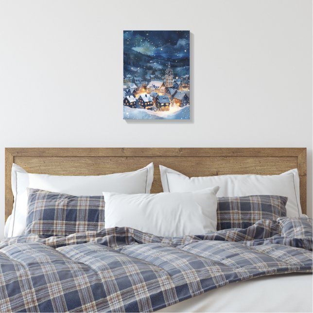 Toile Noël nuit ciel Village dans la neige (Insitu(Chambre))