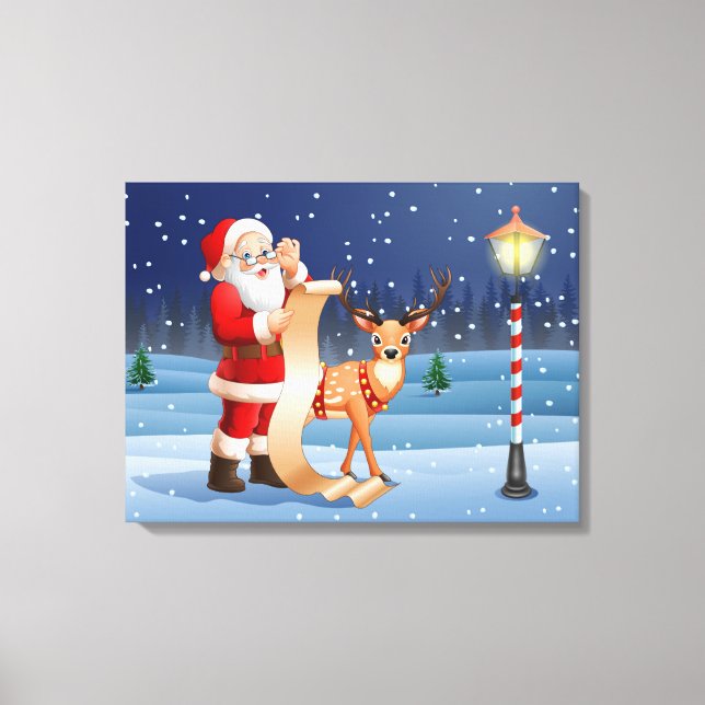 Toile Noël Père Noël Et Rennes (Recto)