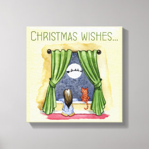 Toile Noël Souhaite Mignonne Enfant & Kitty Chat Noël