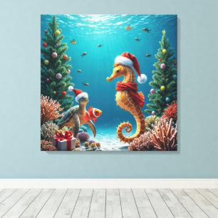 Toile Noël sous l'océan, hippocampe et tortue