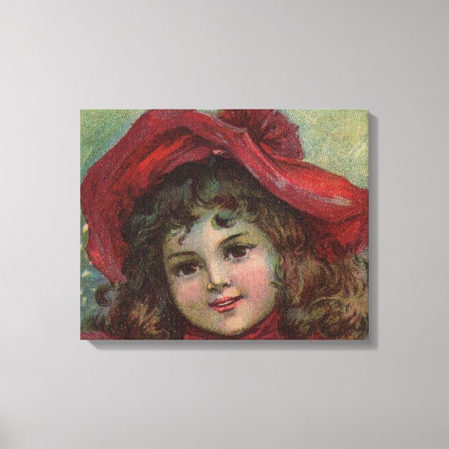 Toile Noël Victorien Enfant Rouge Casquette Portrait Fil (Recto)