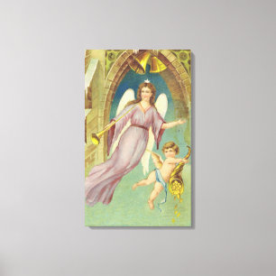 Toile Noël vintage, ange victorien avec chérubin