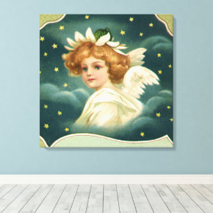 Toile Noël vintage, ange victorien avec étoiles dorées