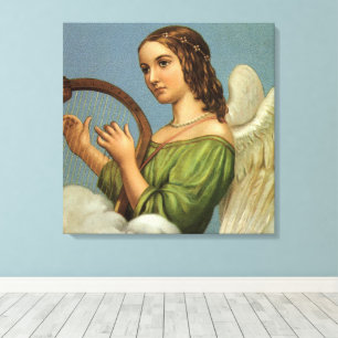 Toile Noël vintage, ange victorien avec harpe musicale