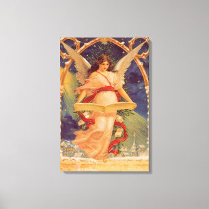 Toile Noël vintage, ange victorien lisant la Bible