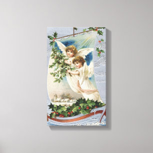 Toile Noël vintage, anges victoriens dans un voilier