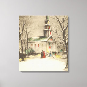 Toile Noël vintage, église dans un paysage enneigé hiver