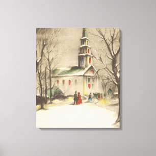Toile Noël vintage, église dans un paysage enneigé hiver