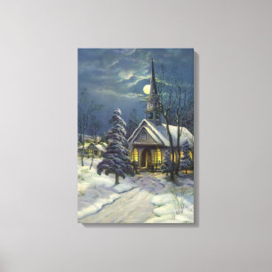 Toile Noël vintage, église d'hiver dans la neige avec la