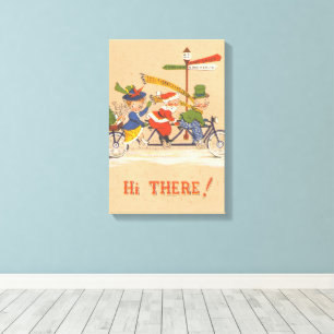 Toile Noël vintage, le Père Noël à bicyclette