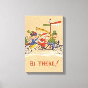 Toile Noël vintage, le Père Noël à bicyclette