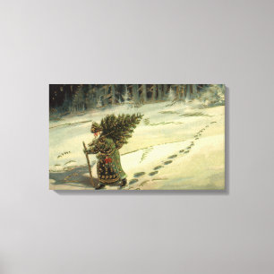 Toile Noël vintage, le Père Noël porte un arbre