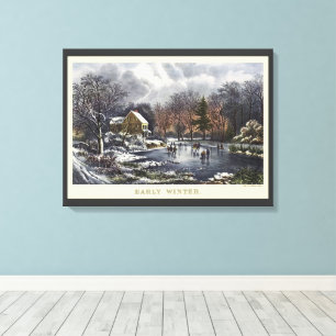 Toile Noël Vintage, Patins d'hiver précoce sur un étang