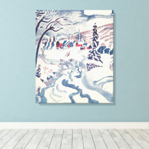 Toile Noël vintage, paysage hivernal de village enneigé