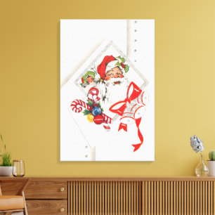 Toile Noël vintage, Père Noël avec cannes de bonbon