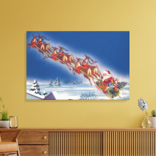 Toile Noël vintage, Père Noël volant avec son traîneau e