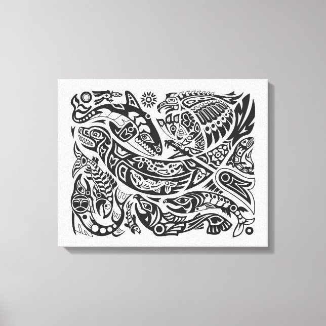 Toile Northwest Shaman et canoë, Saumon de chasse aux ba (Recto)