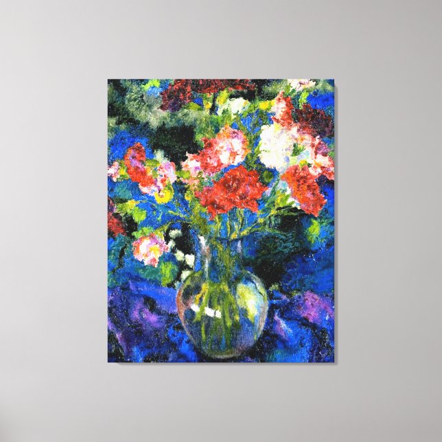 Toile Oeillets dans un vase de verre rond (Recto)