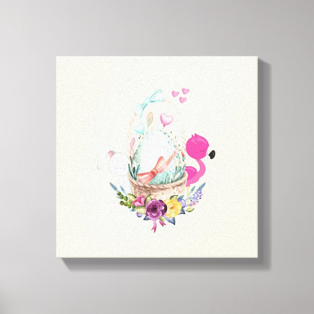 Toile Oeuf mignon, Flamant rose rose et lapin, Aquarelle (Recto)