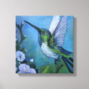Toile Œuvre d'art murale Colibri bleu fleurs douces Pop