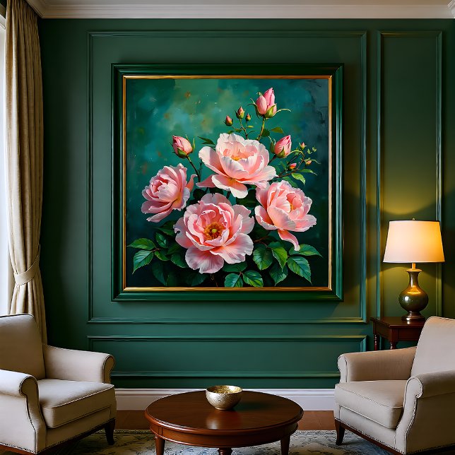 Toile Œuvre d'art Pivoines Roses sur Fond Vert Émeraude (Créateur téléchargé)