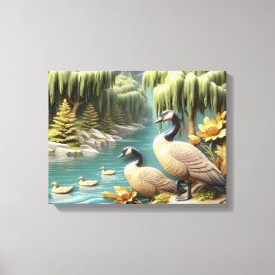 Toile Oies du Canada au milieu des saules pleurs 16x12