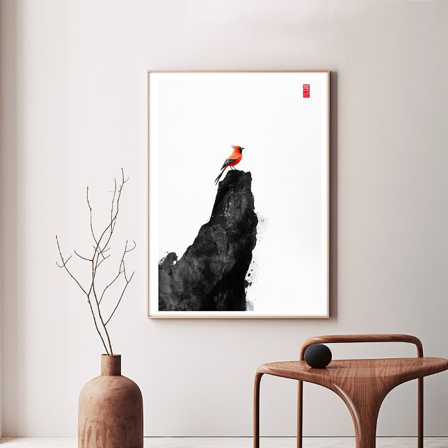 Toile Oiseau cardinal rouge sur roche de lavage d'encre  (Créateur téléchargé)