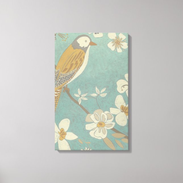 Toile Oiseau jaune, gris et beige perché sur une branche (Recto)