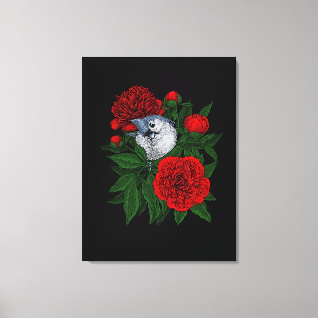 Toile Oiseau sur un bouquet de pivoine rouge (Recto)