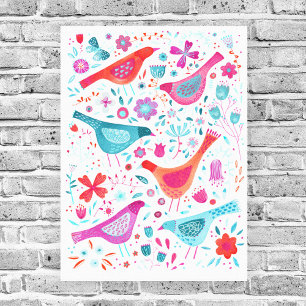 Toile Oiseaux d'aquarelle dans un jardin de fleurs peint