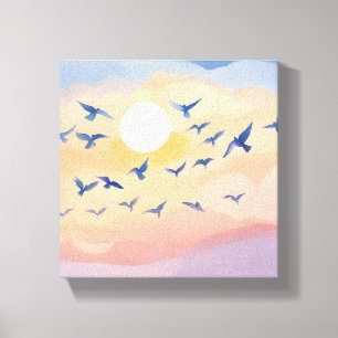 Toile Oiseaux en vol   Aquarelle de nature au coucher du
