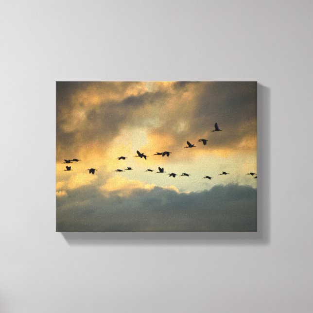 Toile Oiseaux hérons qui migrent au coucher du soleil (Recto)